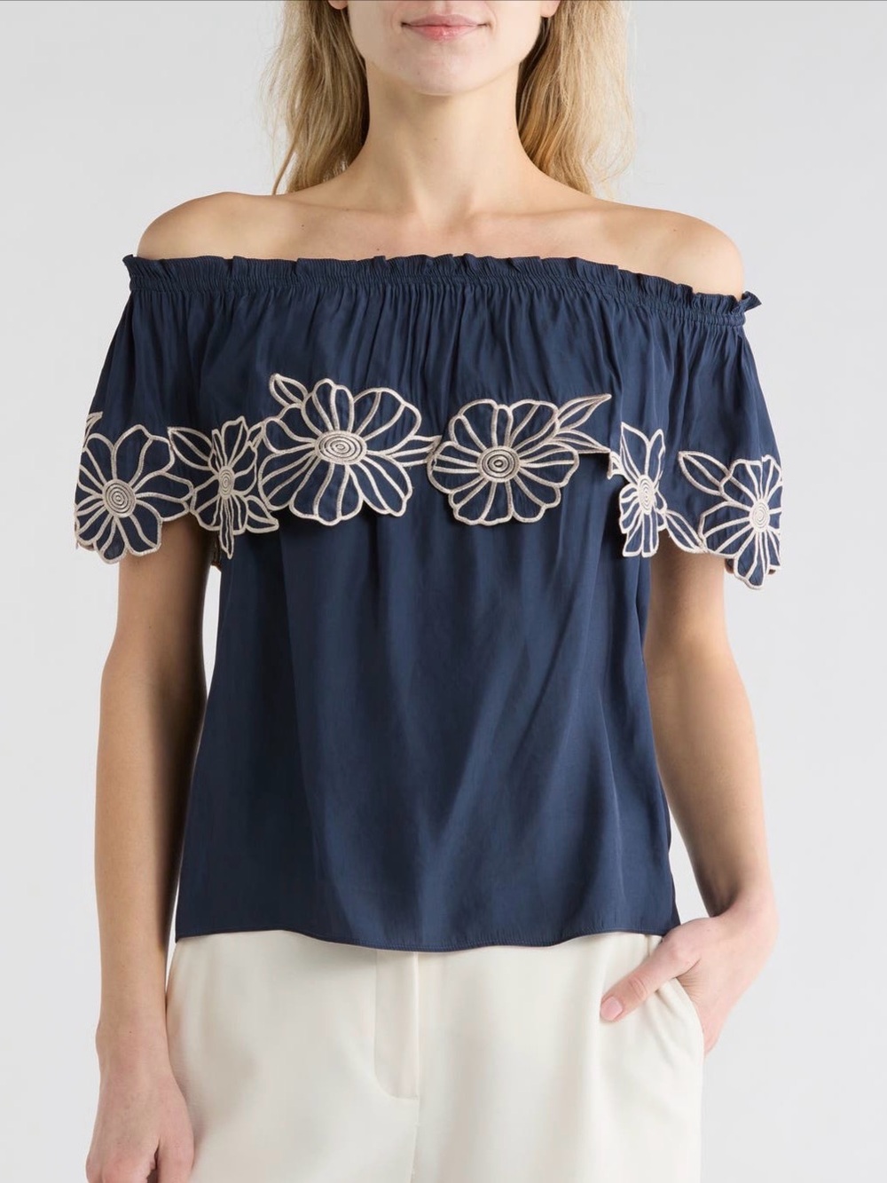 Ramy Brook Navy Off-Shoulder Daisy Applique Ruffle Top Small